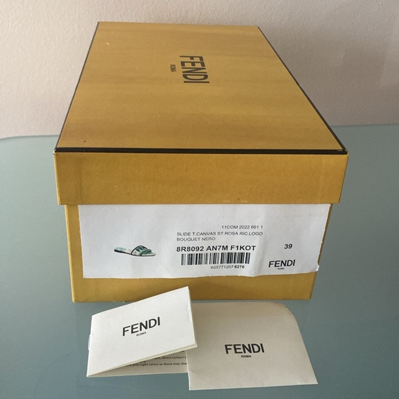 NIB FENDI Bouquet Nero canvas SLIDES/flats,shoes w/dust bag Sz 8.5 US/39 ITALY - Picture 12 of 13